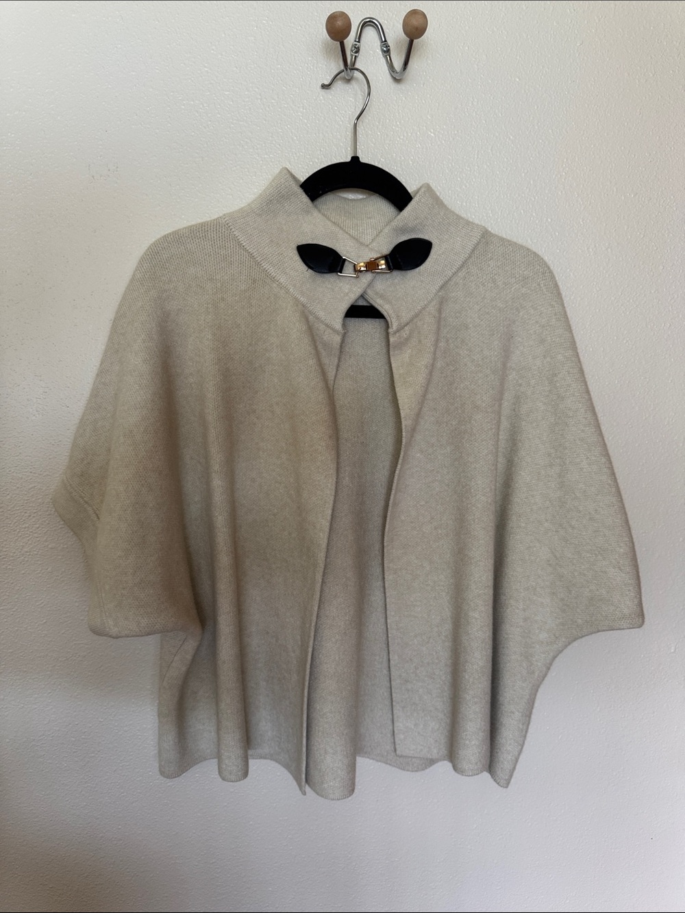 Alfa Cream Short-Sleeve Funnel Neck Poncho with Decorative Clasp